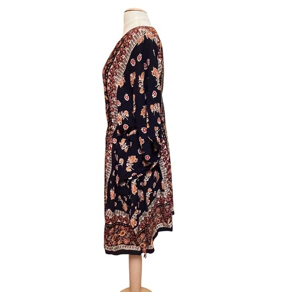 Angie Boho V Neck Peasant Floral Print Kimono Dress 2X Cover Up Navy Multicolor - Picture 3 of 7